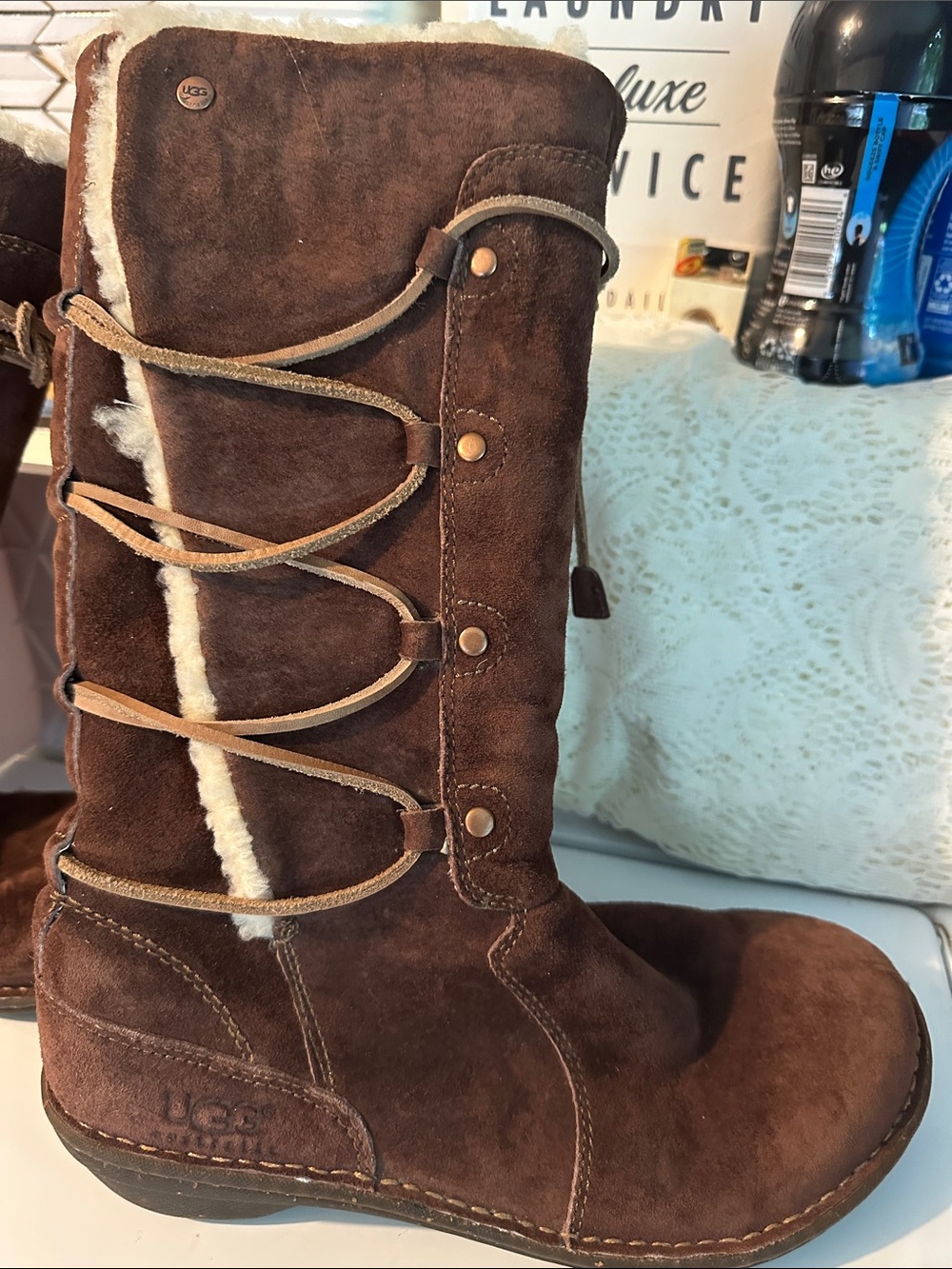 UGG Brown Lace-Up Shearling-Trim Suede Boot